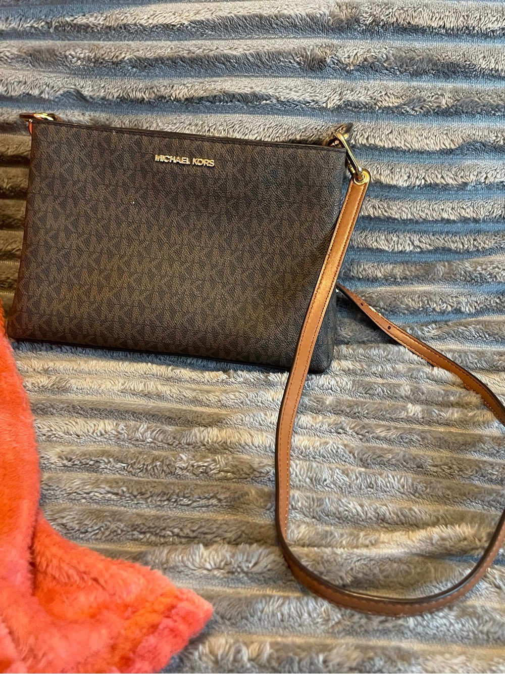 Michael Kors Dark Brown Logo Crossbody with Tan Strap